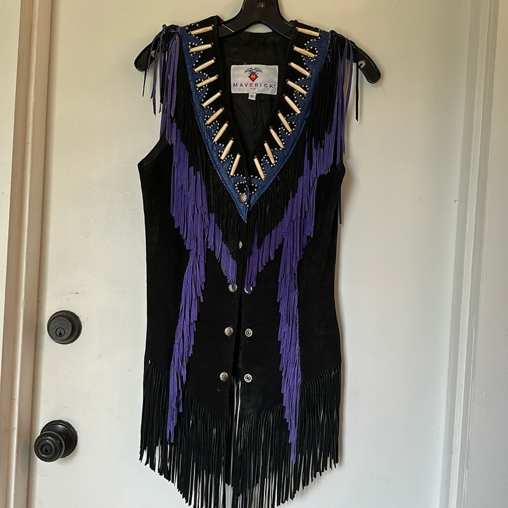 Vintage Maverick USA black purple leather fringe bone vest size 6 women’s